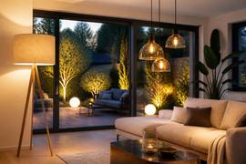 Beleuchtetes Wohnzimmer mit verschiedenen Lampen